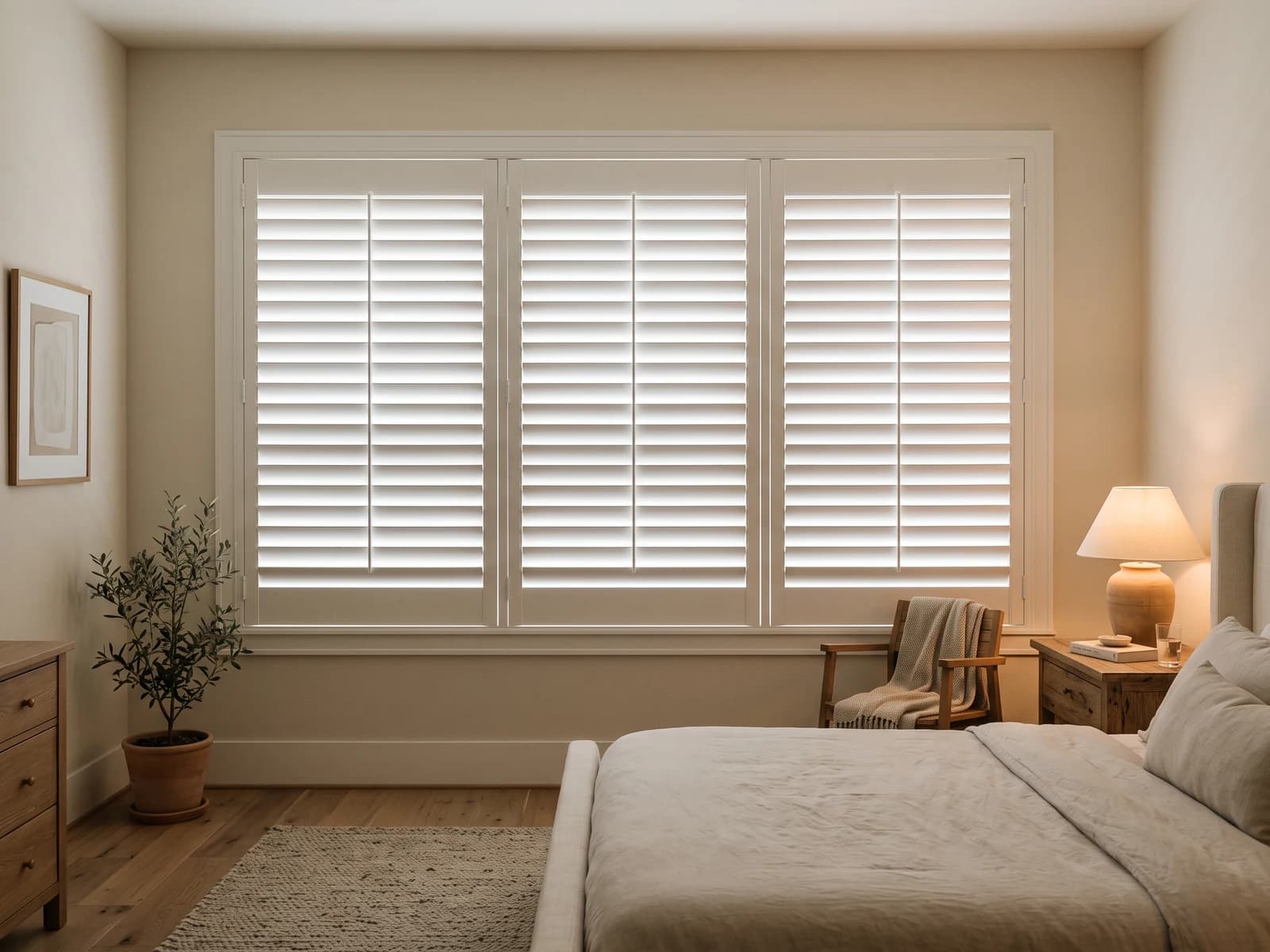 White Plantation Shutters with closed louvers providing privacy across a three-panel bedroom window