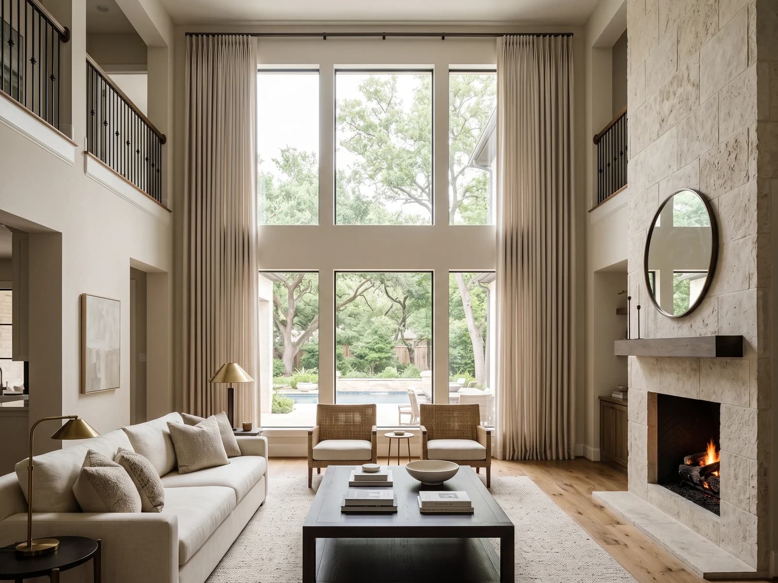 Approved floor-to-ceiling Pinch Pleat Drapery in a double-height living room