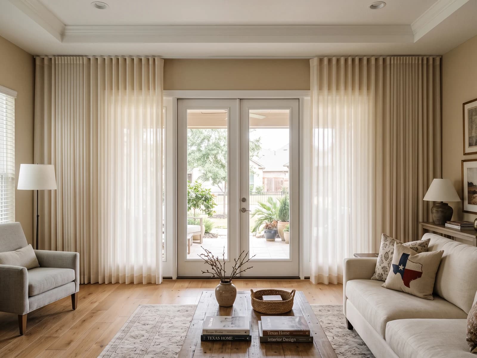 Approved warm ivory sheer Ripple Fold Drapery in a Katy living room