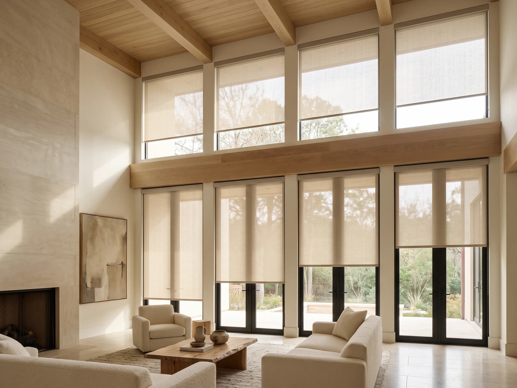 Approved translucent Roller Shades covering a warm double-height living room