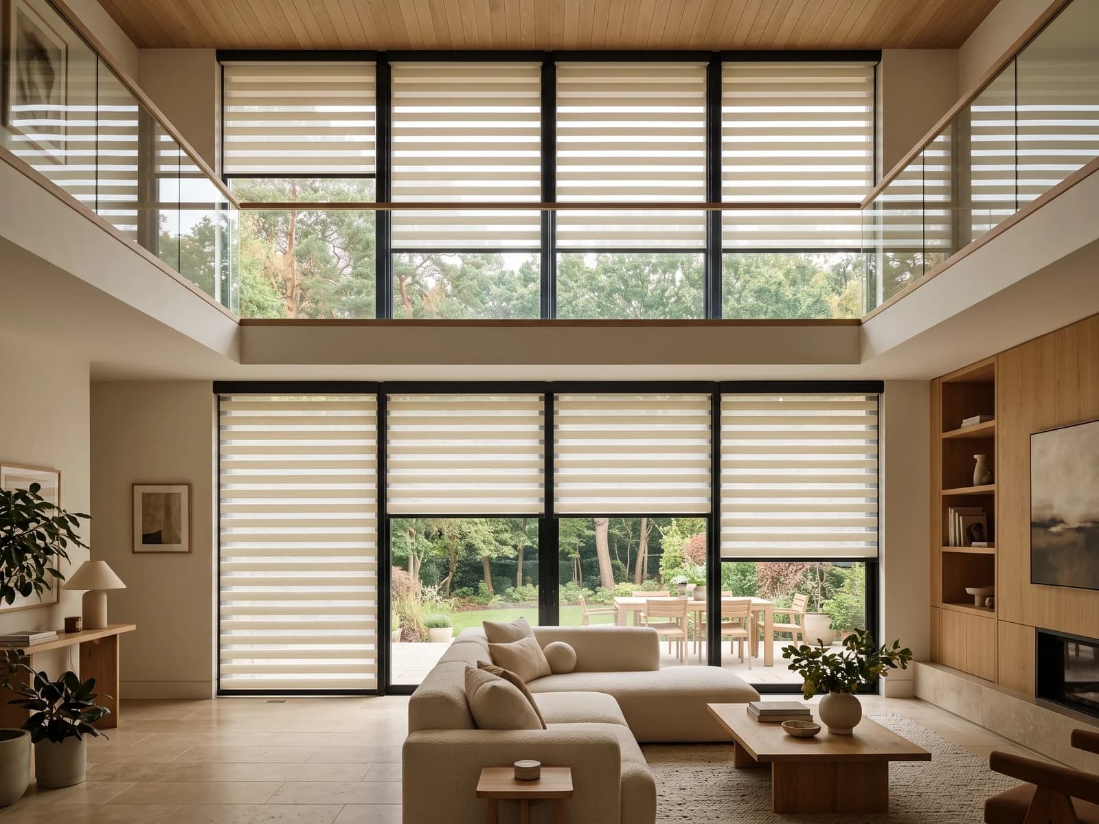 Approved warm ivory Zebra Shades across upper and lower windows