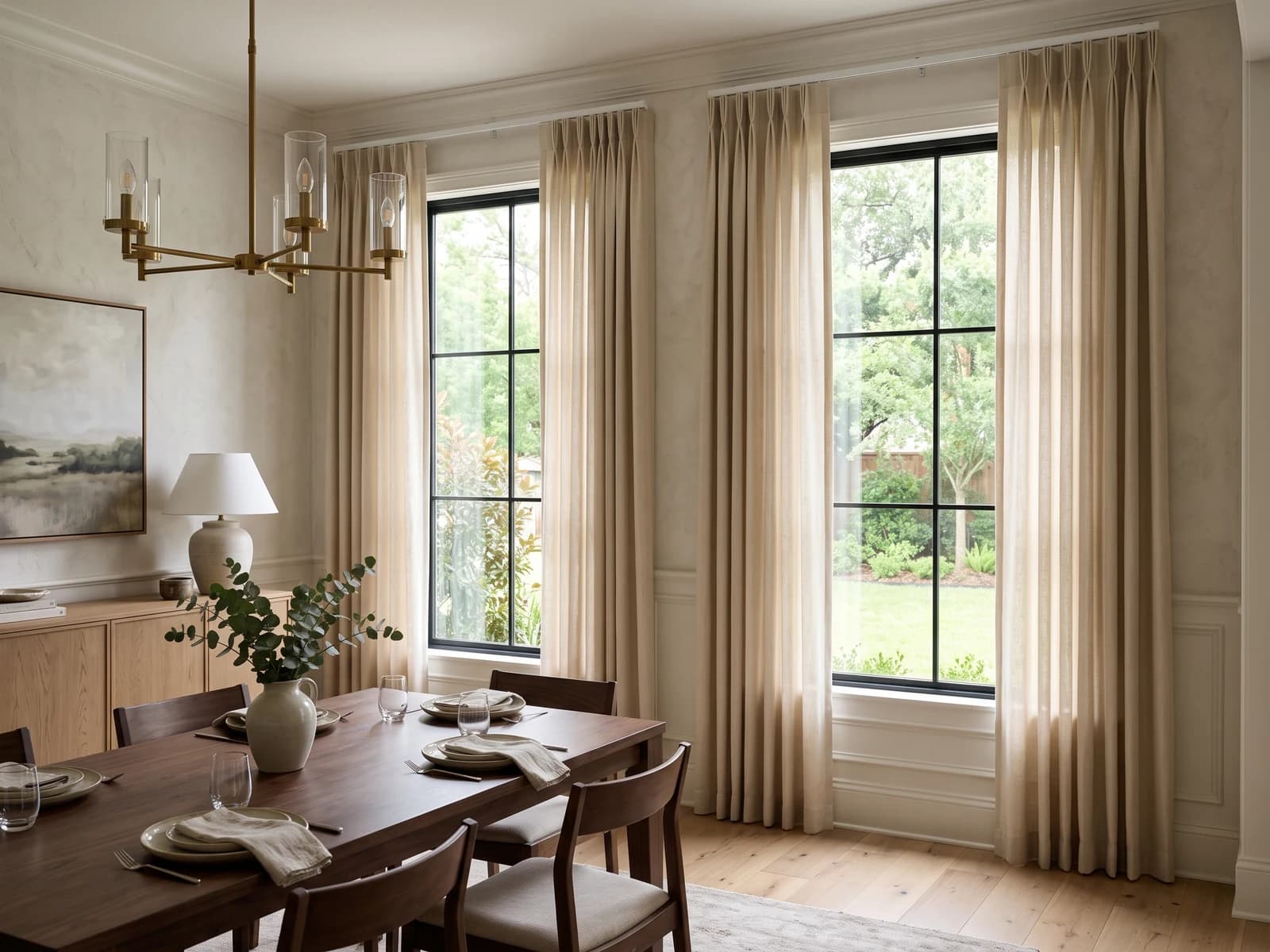 Approved champagne Pinch Pleat Drapery in a dining room