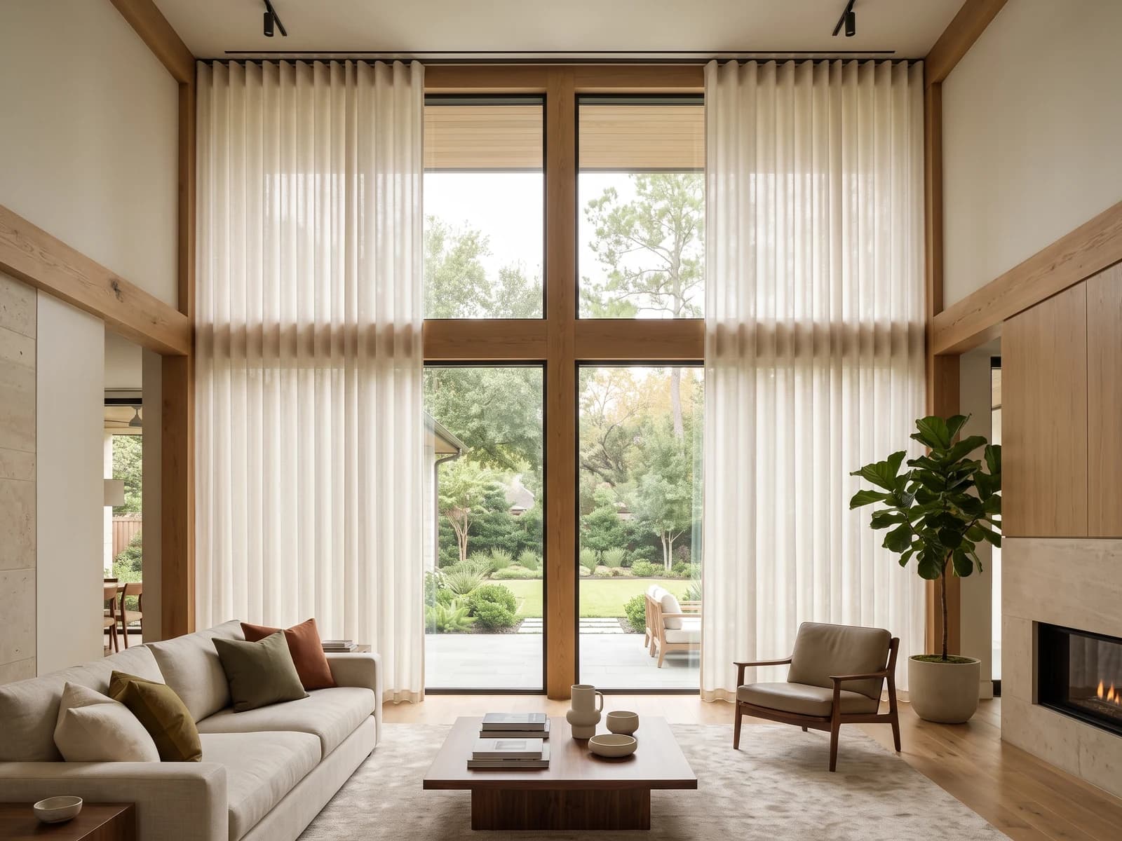 Approved semi-translucent Ripple Fold Drapery in a double-height living room