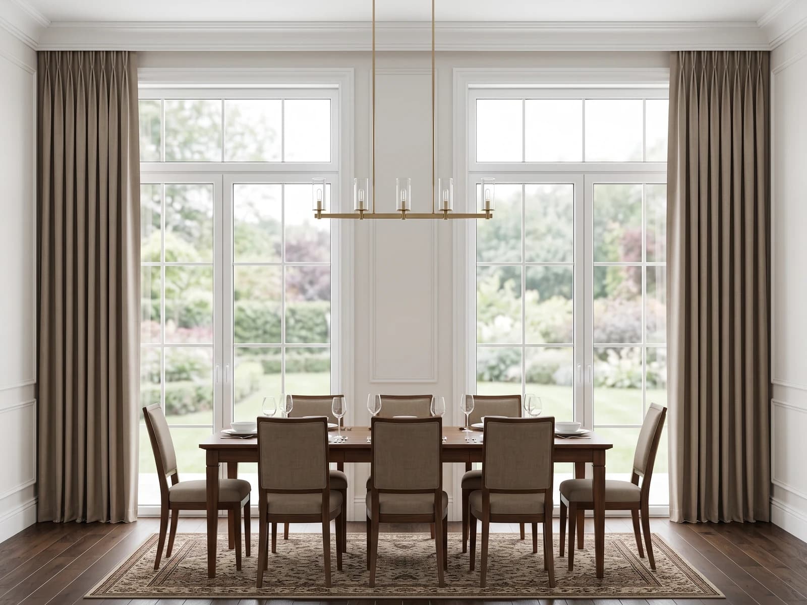 Approved fixed Pinch Pleat stationary panels framing dining-room windows